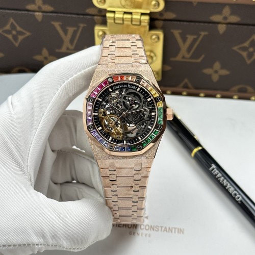 오데마피게 로얄 오크 - Audemars Piguet Royal Oak Openworked Frosted 15412 Case Rose Gold Bezel Stone Baguette 41mm