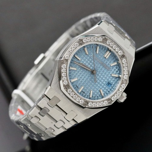 오데마피게 로얄 오크 - Audemars Piguet Royal Oak Ice Blue Dial Bezel Diamonds Moissanite 34mm