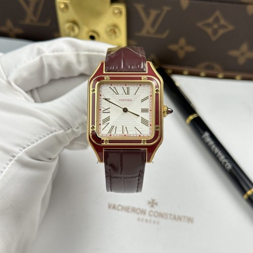 까르띠에 산토스 - Cartier Santos Dumont White Dial Leather Strap Dark Red 43.5×31.4mm
