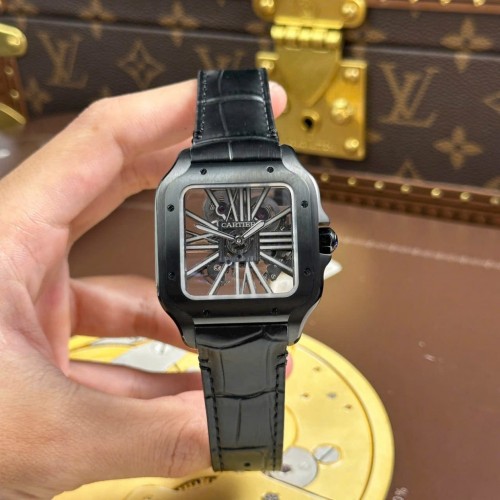 까르띠에 산토스 - Cartier Santos Skeleton Dial Leather Strap Black 39.8mm