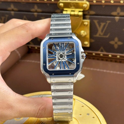 까르띠에 산토스 - Cartier Santos Skeleton Dial Bezel Blue 39.8mm