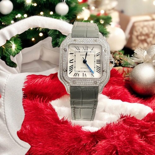 까르띠에 산토스 - Cartier Santos Women White Dial Diamonds Moissanite 35mm