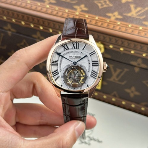 까르띠에 드라이브 - Cartier Drive Tourbillon Dial Guiloche Motif Leather Strap 41mm