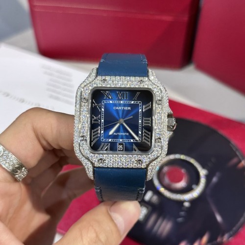 까르띠에 산토스 - Cartier Santos Blue Dial Moissanite Diamonds 39.8mm