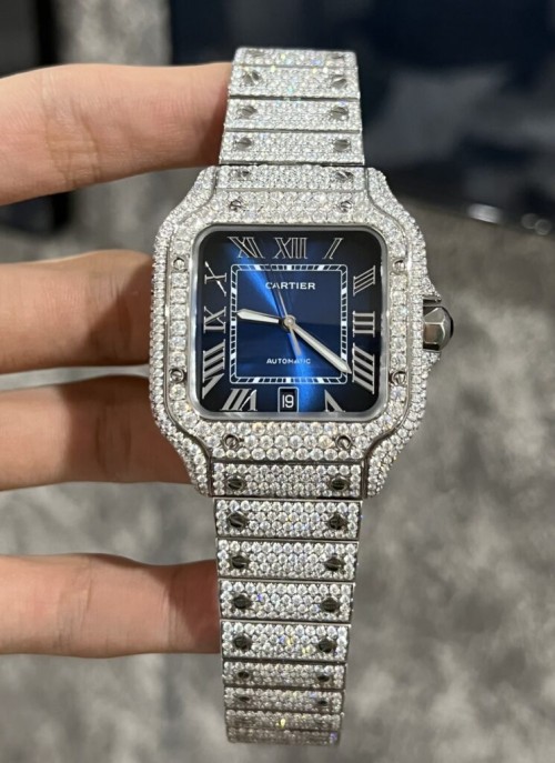 까르띠에 산토스 - Cartier Santos Moissanite Diamonds Blue Dial 39.8mm