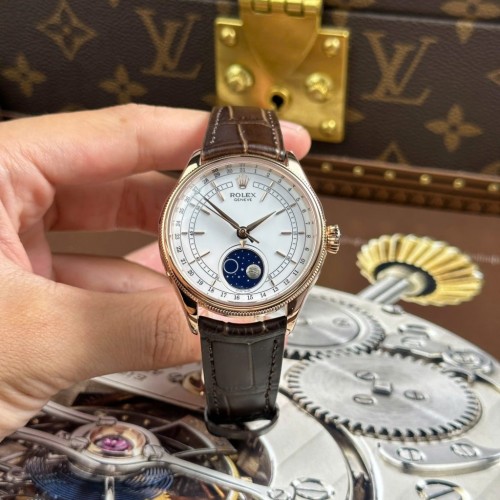 로렉스 셀리니 - Rolex Cellini Moonphase 50535 Rose Gold Brown Leather Strap 39mm