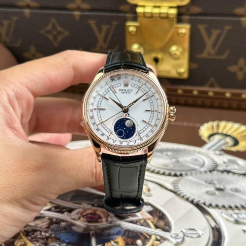로렉스 셀리니 - Rolex Cellini Moonphase 50535 Rose Black Leather Strap 39mm