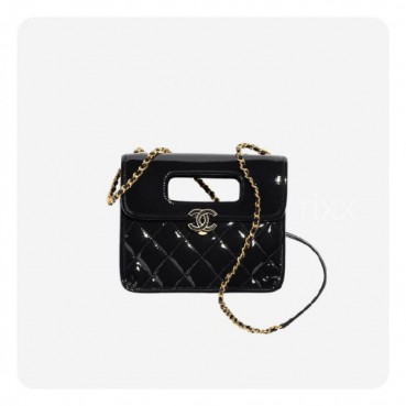 샤넬 핸들 장식의 미니 플랩백 페이턴트 카프스킨 & 골드 메탈 블랙- Chanel Handle Mini Flap Bag Crumpled Calfskin Bag 