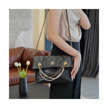 Chanel 2020 Women's Leather Pearl Chain Tote Shoulder Bag,34cm - 샤넬 2020 여성용 레더 펄 체인 숄더백,34cm,CHAB1575,블랙