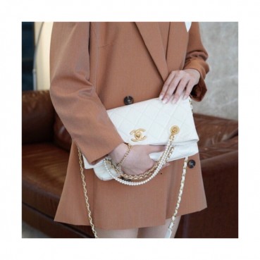 Chanel 2020 Women's Leather Pearl Chain Tote Shoulder Bag,34cm - 샤넬 2020 여성용 레더 펄 체인 숄더백,34cm,CHAB1573,화이트