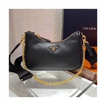[프라다] Prada 2020 Women's Mini Leather Hobo Tote Shoulder Bag,18cm - 프라다 2020 여성용 미니 레더 호보 토트 숄더백,18cm, PRAB0161,블랙