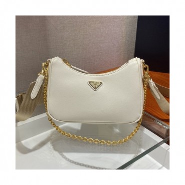 [프라다] Prada 2020 Women's Mini Leather Hobo Tote Shoulder Bag,18cm - 프라다 2020 여성용 미니 레더 호보 토트 숄더백,18cm, PRAB0160,화이트