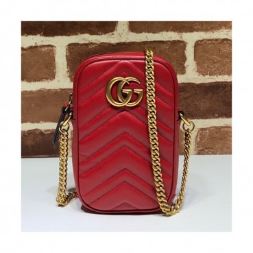 Gucci 2019 Marmont Leather Mini Chain Shoulder Bag,17CM - 구찌 2019 마몬트 레더 미니 체인 숄더백 598597,GUB0877,17cm,레드