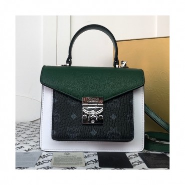 MCM 2019 Leather & Visetos Tote Shoulder Bag,21cm - 엠씨엠 2019 여성용 레더 & 비세토스 토트 숄더백 MCMB0368, 21cm,그린