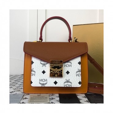 MCM 2019 Leather & Visetos Tote Shoulder Bag,21cm - 엠씨엠 2019 여성용 레더 & 비세토스 토트 숄더백 MCMB0367, 21cm,브라운