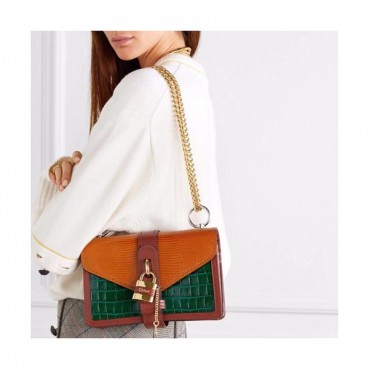 Chole 2019 Aby Leather Chain Shoulder Bag, 24cm -  끌로에 2019 애비 레더 체인 숄더백,CLB0151,24cm,그린+오렌지