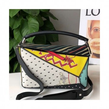 Loewe 2019 Puzzle Medium Shoulder Bag, 29CM - 로에베 2019 퍼즐 미듐 숄더백 ,LOEB0198, 29CM,블랙+화이트(옐로우)