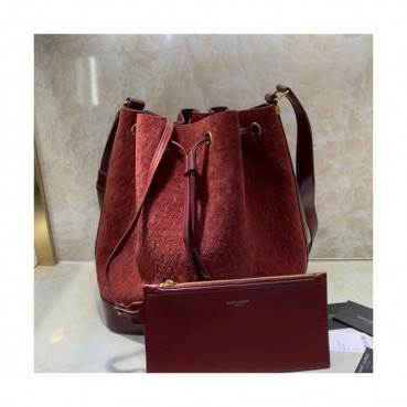 Saint Laurent 2019 Monogram All Over Suede Bucket Shoulder Bag,27CM - 입생로랑 2019 모노그램 올오버 스웨이드 버킷 숄더백 568606 , SLB0361,27CM,레드