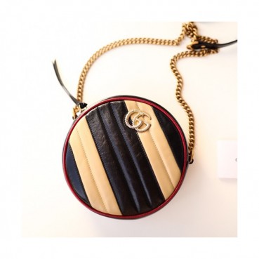 Gucci 2019 GG Marmont Mini Round Women Shoulder Bag,18.5CM - 구찌 2019 GG 마몬트 미니 라운드 여성용 숄더백 550154,GUB0661,18.5CM,블랙+베이지