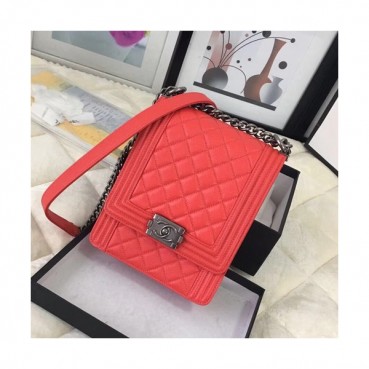 Chanel 2019 Boy Leather Chain Shoulder Bag ,19.5CM - 샤넬 2019 보이 레더 체인 숄더백 CHAB0792,19.5CM,라이트레드