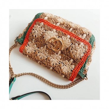 Gucci GG Marmont Raffia Women Chain Shoulder Bag,26CM - 구찌 GG 마몬트 라피아 여성용 체인 숄더백 574433,GUB0655,26CM,브라운+레드