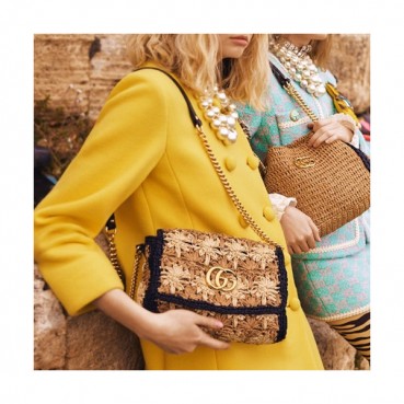 Gucci GG Marmont Raffia Women Chain Shoulder Bag,26CM - 구찌 GG 마몬트 라피아 여성용 체인 숄더백 574433,GUB0654,26CM,브라운+블랙