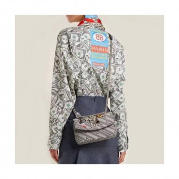 Balenciaga 2019 BB Round Canvas&Leather Chain Shoulder Bag,22CM - 발렌시아가 2019 BB 라운드 캔버스&레더 체인 숄더백,BGB0253,22CM,그레이