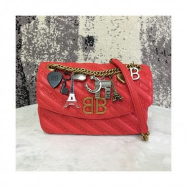 [유니크& 트랜디한 백]Balenciaga 2019 BB Round Leather Chain Shoulder Bag,22CM - 발렌시아가 2019 BB 라운드 레더 체인 숄더백,BGB0250,22CM,레드(옐로우골드),레드(실버)