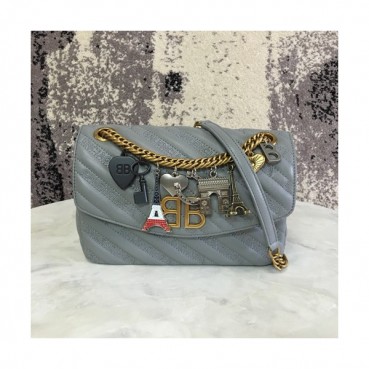 Balenciaga 2019 BB Round Leather Chain Shoulder Bag,22CM - 발렌시아가 2019 BB 라운드 레더 체인 숄더백,BGB0247,22CM,그레이(옐로우골드),그레이(실버)