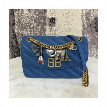 Balenciaga 2019 BB Round Leather Chain Shoulder Bag,22CM - 발렌시아가 2019 BB 라운드 레더 체인 숄더백,BGB0246,22CM,블루(옐로우골드),블루(실버)