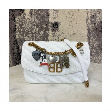 Balenciaga 2019 BB Round Leather Chain Shoulder Bag,22CM - 발렌시아가 2019 BB 라운드 레더 체인 숄더백,BGB0245,22CM,화이트(옐로우골드),화이트(실버)