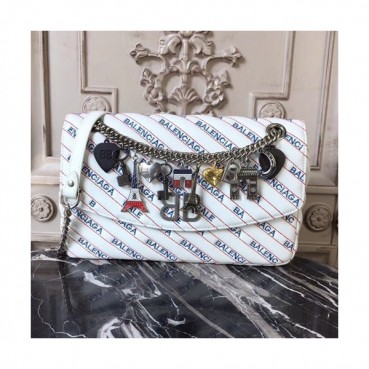 Balenciaga 2019 Lock Round Leather Chain Shoulder Bag,27CM - 발렌시아가 2019 락 라운드 레더 체인 숄더백,BGB0172,27CM,화이트