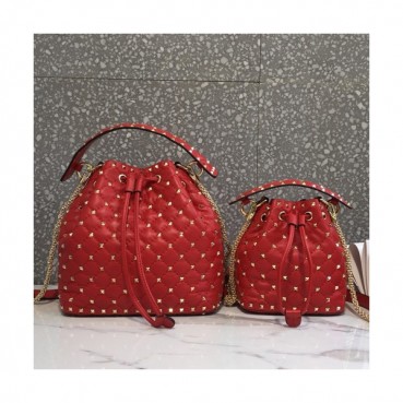 Valentino 2019 Leather Rockstud Spike Bucket Tote Shoudler Bag,17/23CM - 발렌티노 2019 레더 락스터드 스파이크 버킷 토트 숄더백, VTB0346,17/23CM,레드