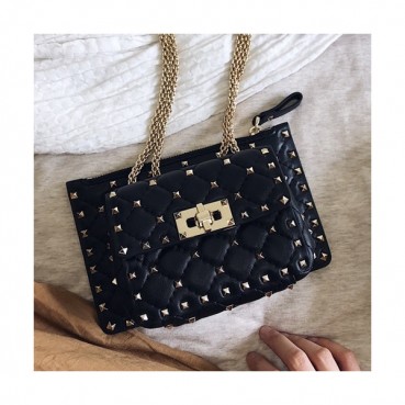 Valentino 2019 Leather Garavani Rockstud Spike Chain Shoudler Bag,20CM - 발렌티노 2019 레더 가라바니 락스터드 스파이크 체인 숄더백,VTB0189,20CM,블랙