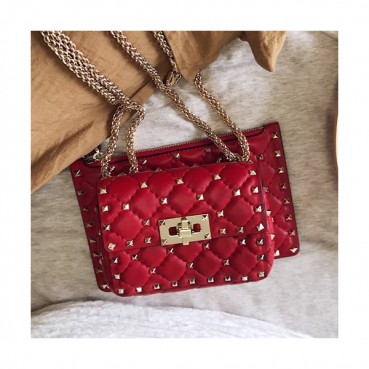 Valentino 2019 Leather Garavani Rockstud Spike Chain Shoudler Bag,20CM - 발렌티노 2019 레더 가라바니 락스터드 스파이크 체인 숄더백,VTB0188,20CM,레드