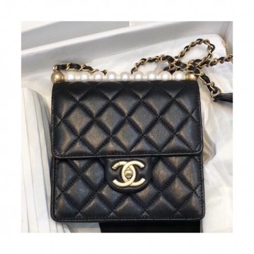 Chanel 2019 Leather Pearl Chain Shoulder Bag,15CM - 샤넬 2019 레더 진주 체인 숄더백 CHAB0641,15CM,블랙
