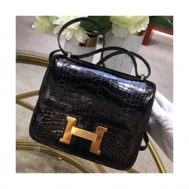Hermes Constance Crocodile Leather Shoulder Bag,18cm - 에르메스 콘스탄스 크로커다일 레더 여성용 숄더백 HERB0699, 18cm,블랙