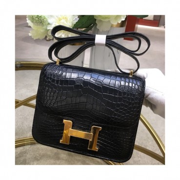 Hermes Constance Crocodile Leather Shoulder Bag,18cm - 에르메스 콘스탄스 크로커다일 레더 여성용 숄더백 HERB0698, 18cm,블랙