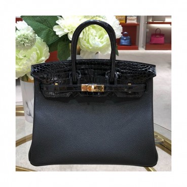Hermes Birkin Crocodile & Leather Tote Shoulder Bag ,25cm - 에르메스 버킨 크로코다일&레더 여성용 토트 숄더백 HERB0680,25cm,블랙