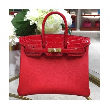Hermes Birkin Crocodile & Leather Tote Shoulder Bag ,25cm - 에르메스 버킨 크로코다일&레더 여성용 토트 숄더백 HERB0679,25cm,레드