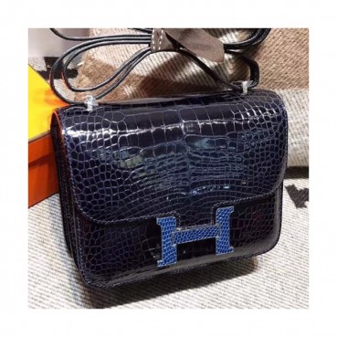 Hermes Constance Crocodile Leather Shoulder Bag,19cm - 에르메스 콘스탄스 크로커다일 레더 여성용 숄더백 HERB0589, 19cm,네이비