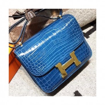 Hermes Constance Crocodile Leather Shoulder Bag,19cm - 에르메스 콘스탄스 크로커다일 레더 여성용 숄더백 HERB0587, 19cm,블루