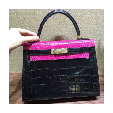 Hermes Kelly Crocodile Leather Tote Shoulder Bag ,28cm - 에르메스 켈리 크로커다일 레더 여성용 토트 숄더백 HERB0553,28cm,블랙+핑크