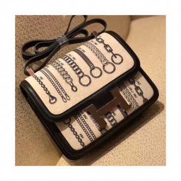 Hermes Constance Canvas & Swift Leather Shoulder Bag,24cm - 에르메스 콘스탄스 캔버스 & 스위프트 레더 여성용 숄더백 HERB0500, 24cm,베이지