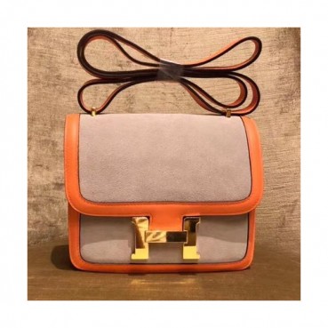 Hermes Constance Velvet & Leather Shoulder Bag,19cm - 에르메스 콘스탄스 벨벳&레더 여성용 숄더백 HERB0498, 19cm,그레이