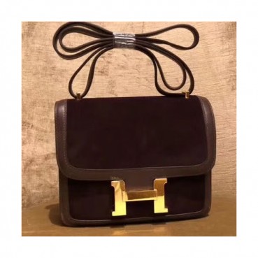 Hermes Constance Velvet & Leather Shoulder Bag,19cm - 에르메스 콘스탄스 벨벳&레더 여성용 숄더백 HERB0497, 19cm,브라운