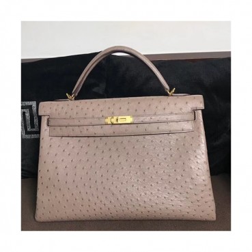 Hermes Kelly Ostrich Leather Tote Shoulder Bag ,40cm - 에르메스 켈리 오스트리치 레더 여성용 토트 숄더백 HERB0488,40cm,베이지그레이