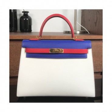 Hermes Kelly Epsom Leather Tote Shoulder Bag ,32cm - 에르메스 켈리 엡송 레더 여성용 토트 숄더백 HERB0406,32cm,화이트+블루