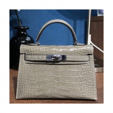 Hermes Mini Kelly 2 Crocodile Leather Tote Shoulder Bag , - 에르메스 미니 켈리 2 크로커다일 레더 여성용 토트 숄더백 HERB0389,그레이