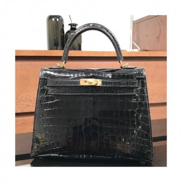 Hermes Kelly Crocodile Leather Tote Shoulder Bag ,28cm - 에르메스 켈리 크로커다일 레더 여성용 토트 숄더백 HERB0388,28cm,블랙